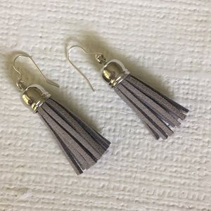 GRAY LEATHER TASSEL EARRINGS SILVER FRENCH WIRES